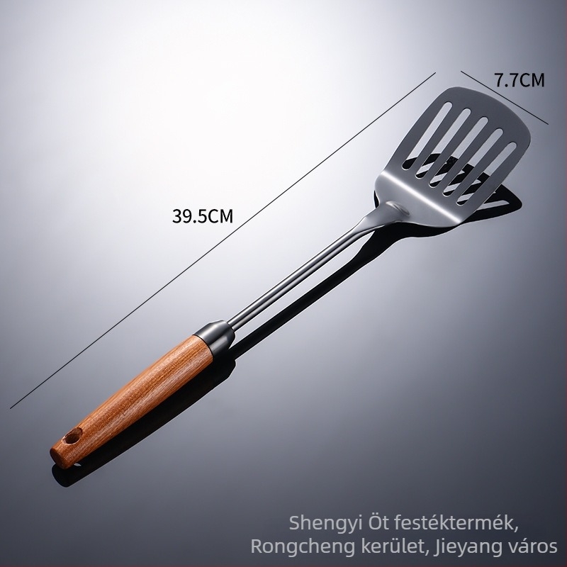 304 rozsdamentes acél spatula készlet Sapeli-féle nyéllel; tartalmaz spatulát, lyukas kanalat, szűrőt és palacsinta fordítót
