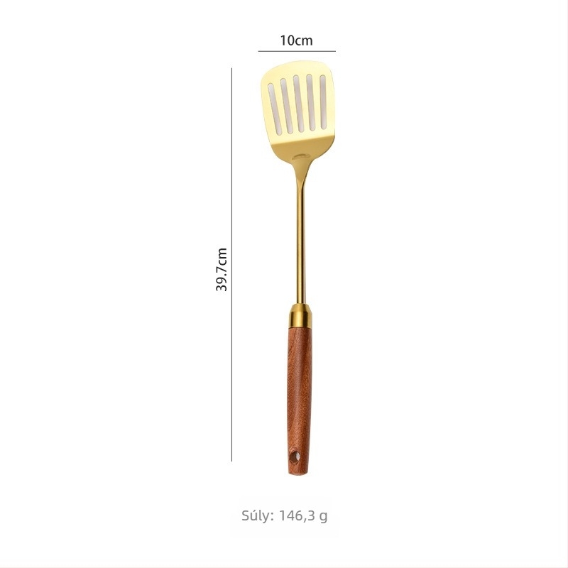 304 rozsdamentes acél spatula készlet Sapeli-féle nyéllel; tartalmaz spatulát, lyukas kanalat, szűrőt és palacsinta fordítót
