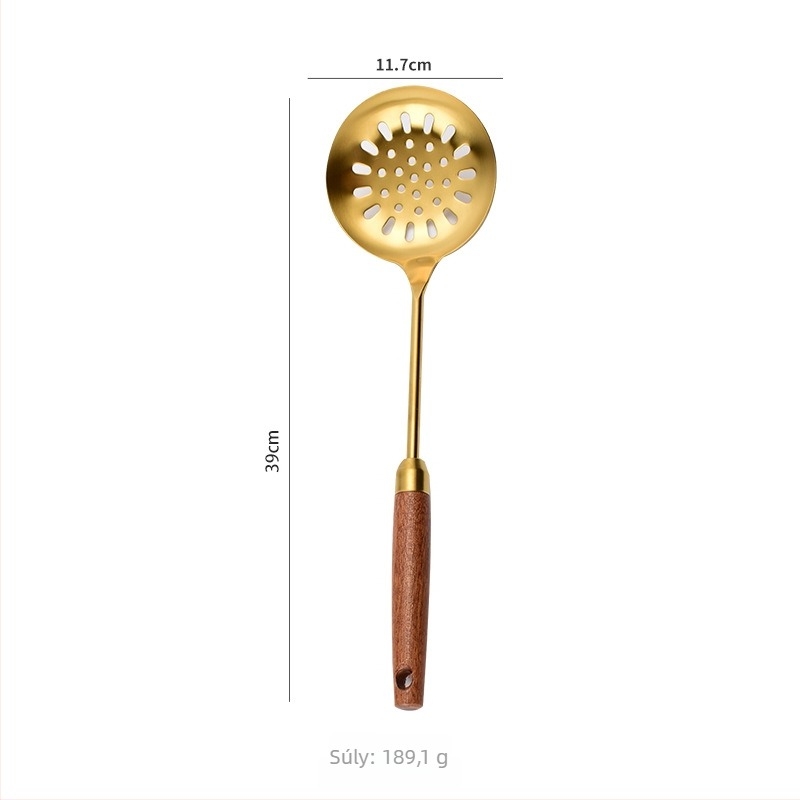 304 rozsdamentes acél spatula készlet Sapeli-féle nyéllel; tartalmaz spatulát, lyukas kanalat, szűrőt és palacsinta fordítót
