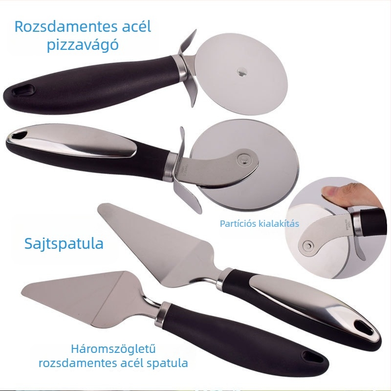 Rozsdamentes acélból készült pizza kerék és spatula – két darabos készlet