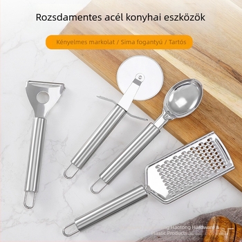 Rozsdamentes acél konyhai eszközök készlete: reszelő, hámozó, pizza kés, fagylalt kanál