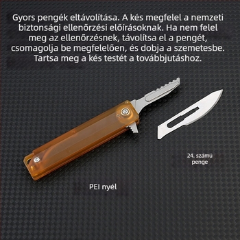 PEI fogantyújú mini hasító kés, borostyánszínű, cserélhető penge, kulcstartóval