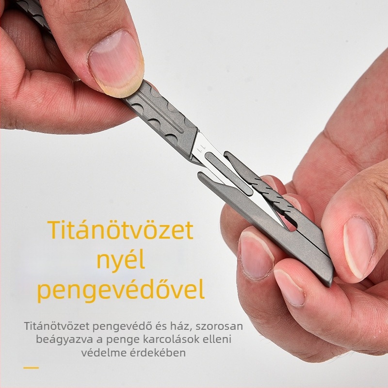 Titánium ötvözetű vágókés – kompakt zsebkéssé alakítható eszköz csomagolás felnyitásához, papír és tapéta vágásához, kulcstartóval