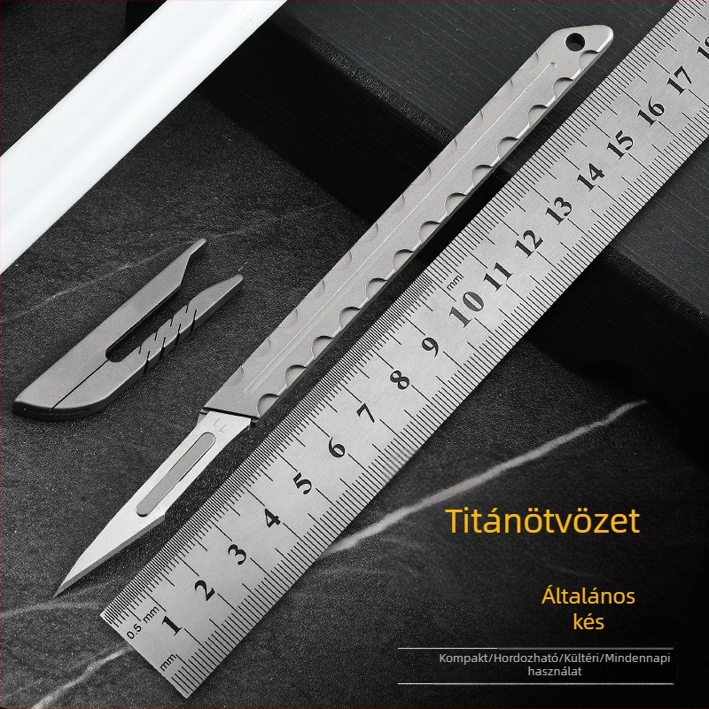 Titánium ötvözetű vágókés – kompakt zsebkéssé alakítható eszköz csomagolás felnyitásához, papír és tapéta vágásához, kulcstartóval