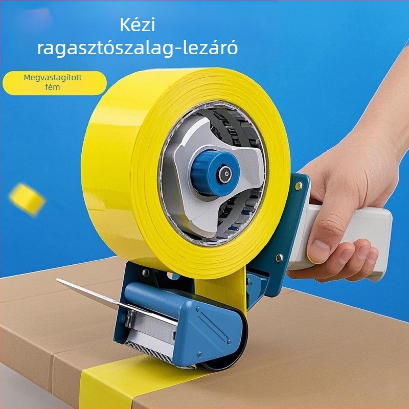 Kézi csomagoló eszköz dobozok zárására 5 cm széles átlátszó ragasztószalaggal és beépített vágóval