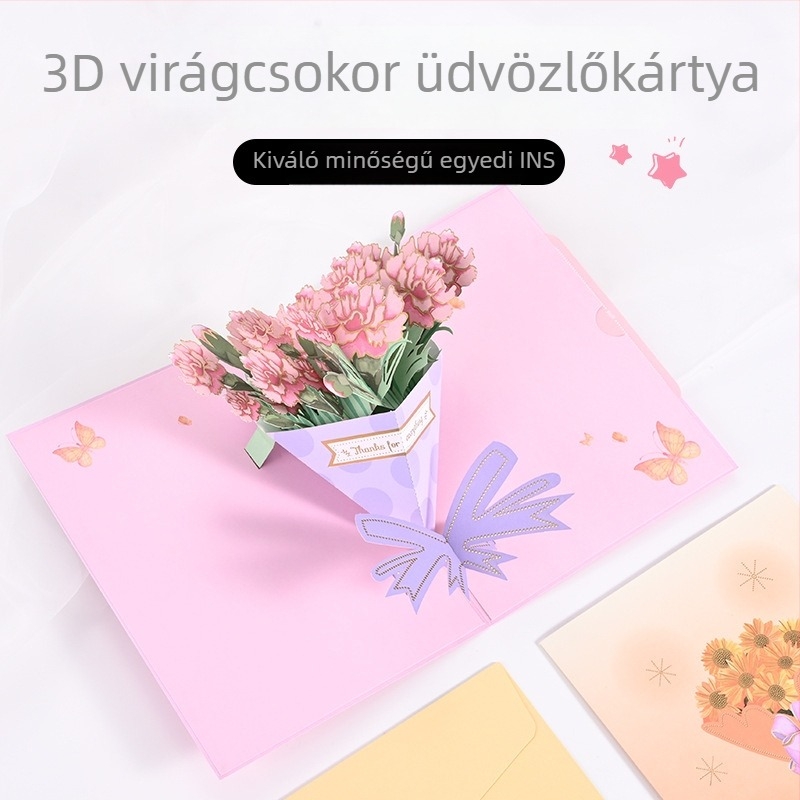 3D virágcsokrot ábrázoló üdvözlőlap Tanárnapra, kézzel írt üzenet, kreatív ajándék