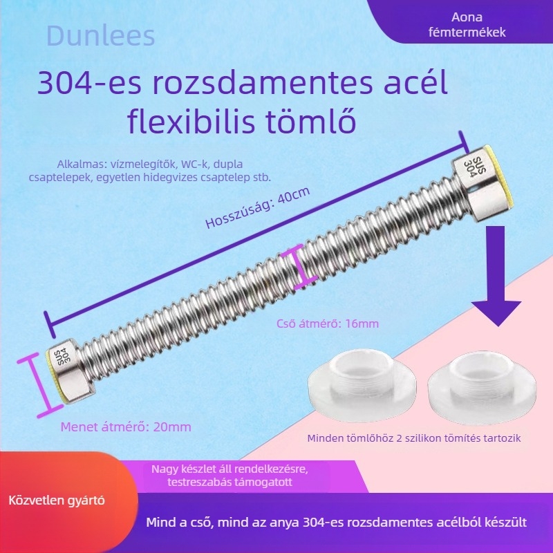 304 rozsdamentes acél hajlékony rövid csatlakozó tömlő napenergiás forró és hideg vízhez, be- és kiáramlási csatlakozásokhoz, robusztus fém rugalmas cső