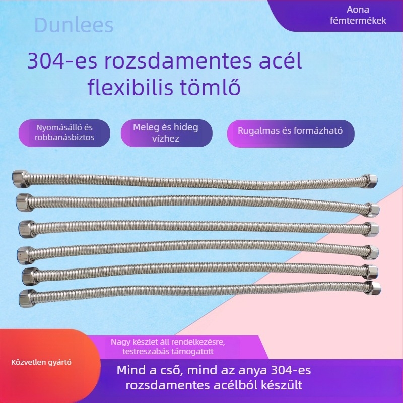 304 rozsdamentes acél hajlékony rövid csatlakozó tömlő napenergiás forró és hideg vízhez, be- és kiáramlási csatlakozásokhoz, robusztus fém rugalmas cső
