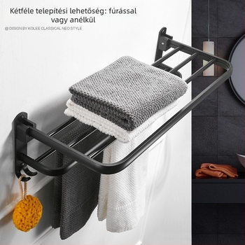 Fúrás nélküli fekete alumínium törölközőtartó fürdőszobába, falra szerelhető kampóval