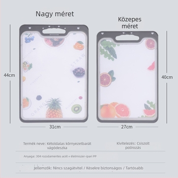 Kétoldalas konyhai vágódeszka, rozsdamentes acél 304 felülettel és műanyag oldallal, gyümölcsök előkészítésére