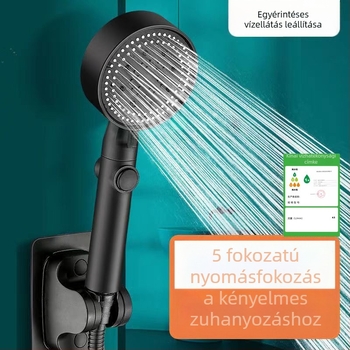 Fekete öt sebességű zuhanyfej esőztető funkcióval, falra szerelhető zuhanykészlet, egygombos vízstop