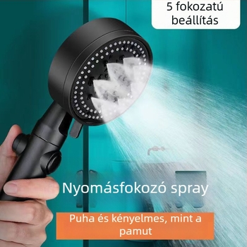 Fekete öt sebességű zuhanyfej esőztető funkcióval, falra szerelhető zuhanykészlet, egygombos vízstop