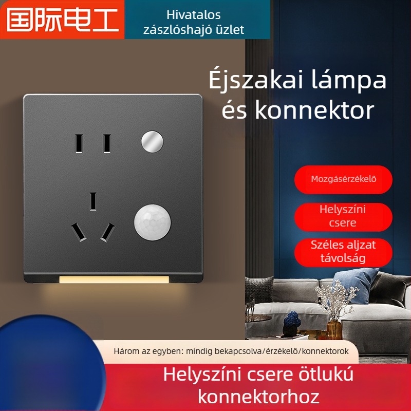 86-os típusú háztartási folyosói mozgásérzékelős kapcsolópanel, rejtett szerelés, 1-ágú kapcsoló öt USB-porttal és lábvilágító aljzattal