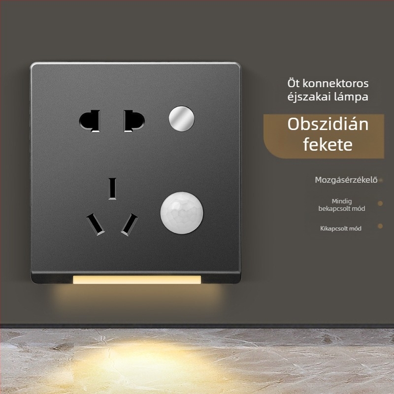 86-os típusú háztartási folyosói mozgásérzékelős kapcsolópanel, rejtett szerelés, 1-ágú kapcsoló öt USB-porttal és lábvilágító aljzattal