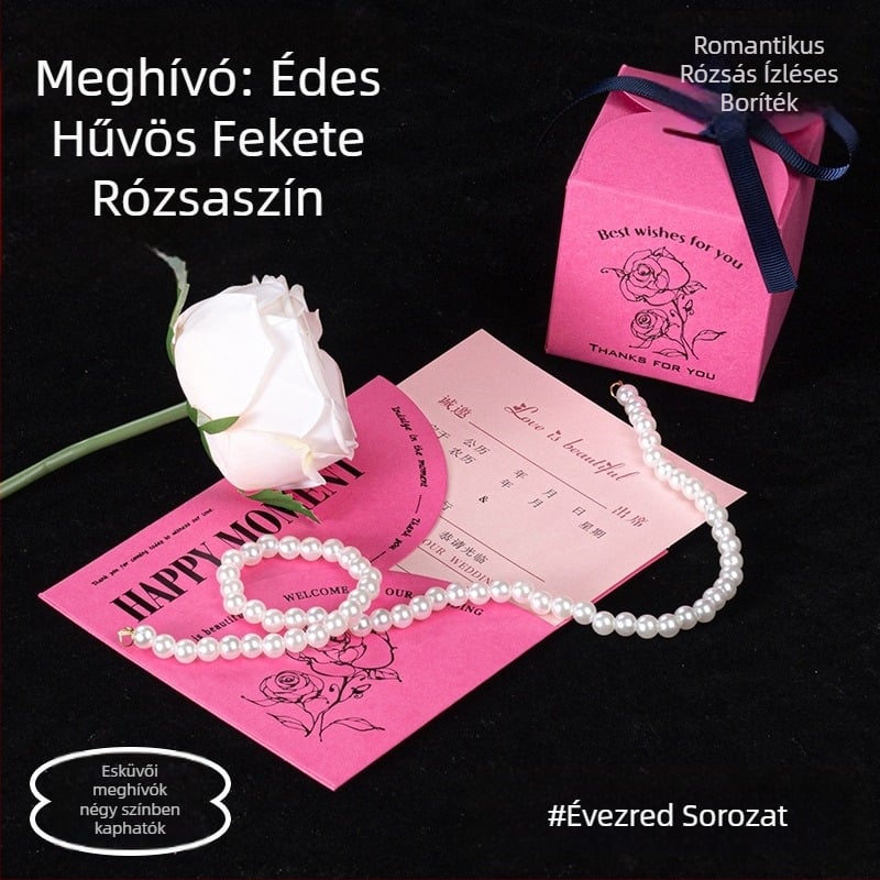 Esküvői meghívó kártya készlet, négy színű, luxus, romantikus rózsa, Új Millennium stílus.