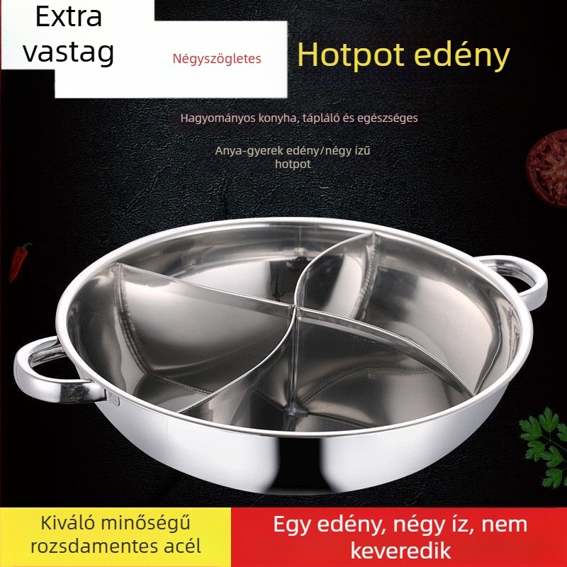 Megvastagított rozsdamentes acél forró fazék három ízzel és négy rekesszel, indukciós főzőlaphoz