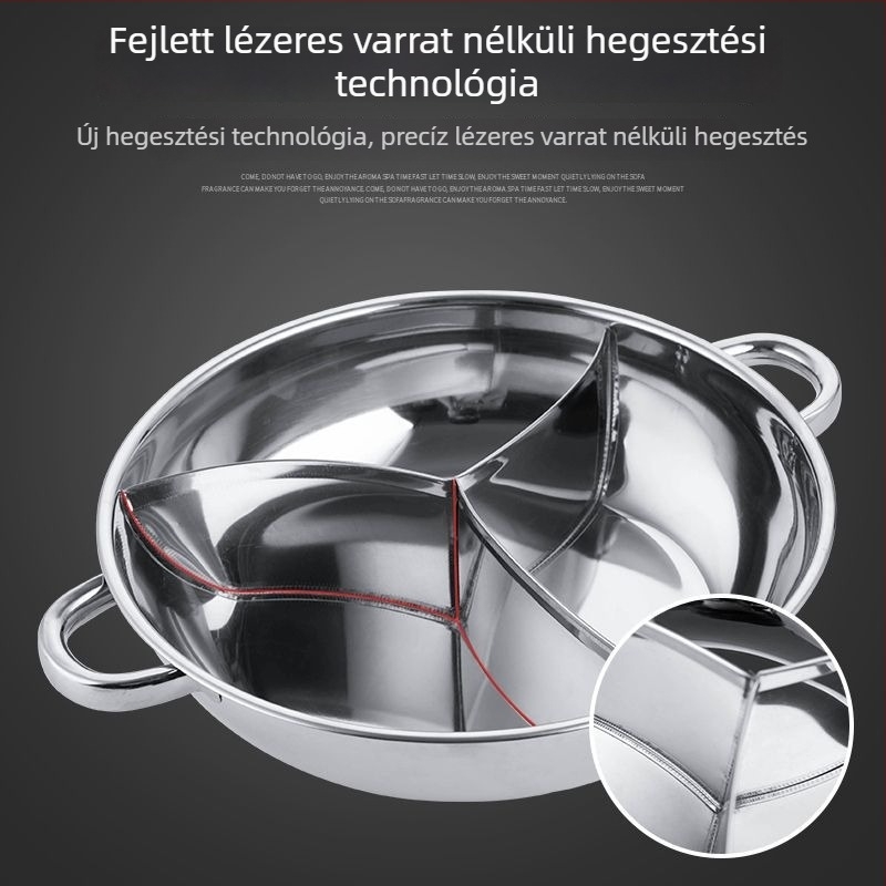 Megvastagított rozsdamentes acél forró fazék három ízzel és négy rekesszel, indukciós főzőlaphoz