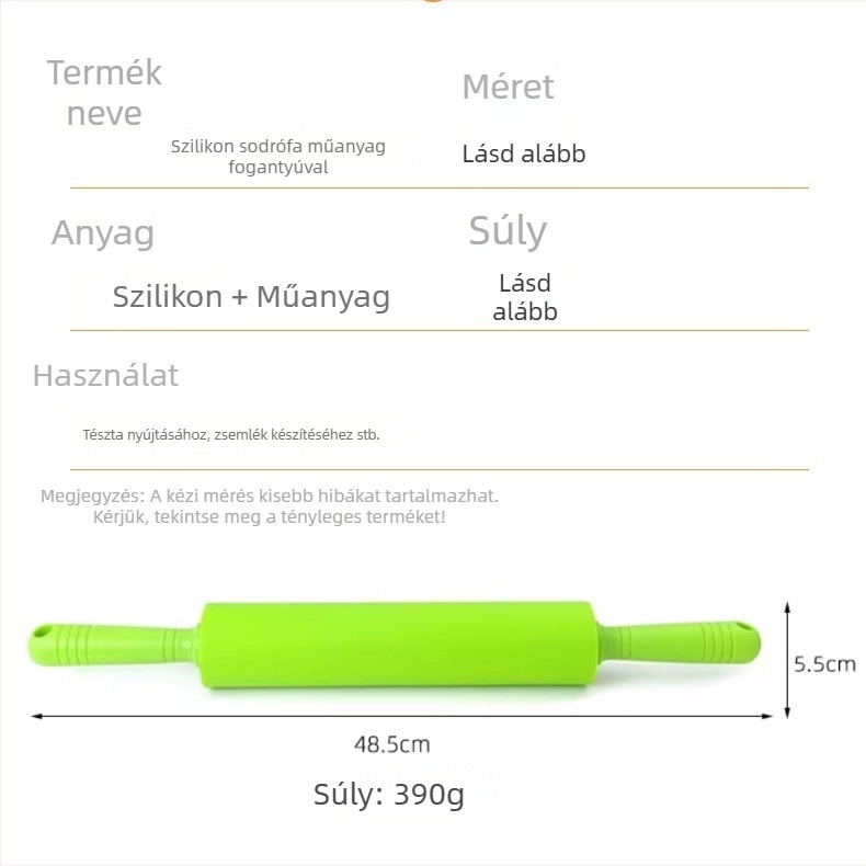 Extra nagy szilikon tésztanyújtó görgő műanyag nyéllel, tapadásmentes, sütéshez