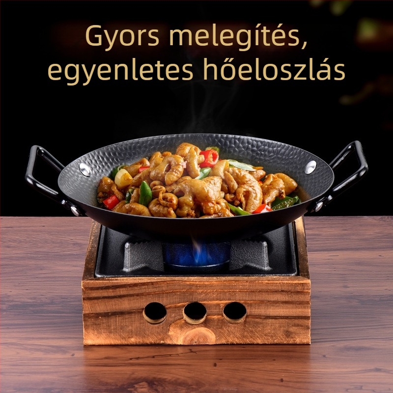 Hunan stílusú száraz edény, tapadásmentes felülettel, dupla fogantyúval, csípős sertéshús stir-fry egy kis vasfazékban, alkoholtüzelőhöz
