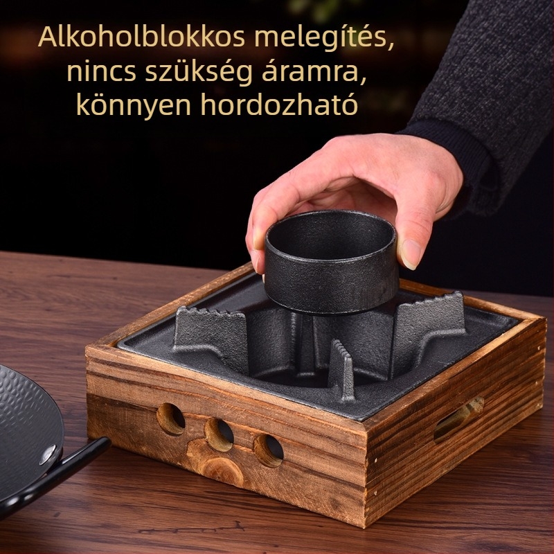 Hunan stílusú száraz edény, tapadásmentes felülettel, dupla fogantyúval, csípős sertéshús stir-fry egy kis vasfazékban, alkoholtüzelőhöz