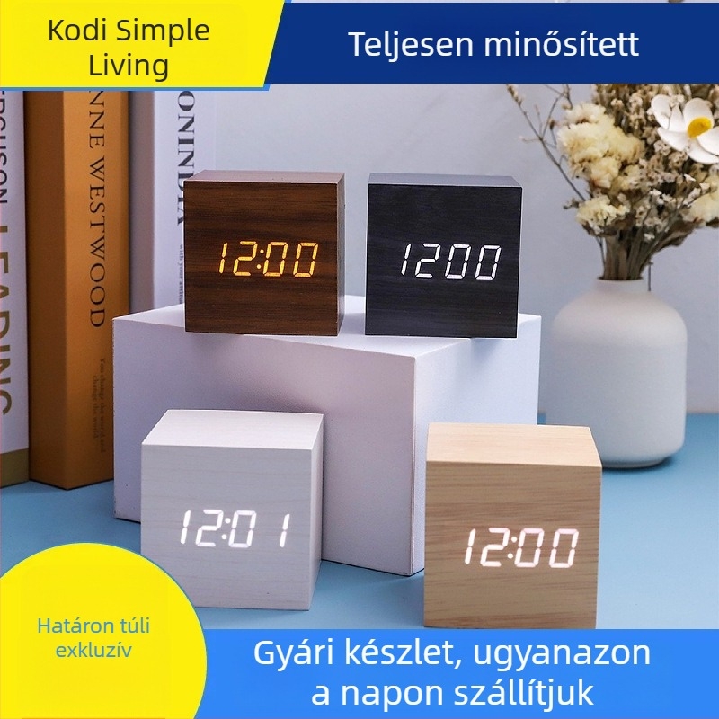 Asztali LED-digitális ébresztőóra hangvezérléssel, éjjeli fény, fa kivitelű, kis méretű diáknak
