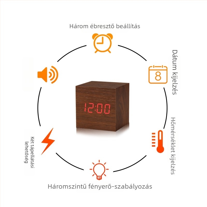 Asztali LED-digitális ébresztőóra hangvezérléssel, éjjeli fény, fa kivitelű, kis méretű diáknak