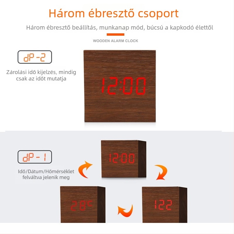 Asztali LED-digitális ébresztőóra hangvezérléssel, éjjeli fény, fa kivitelű, kis méretű diáknak