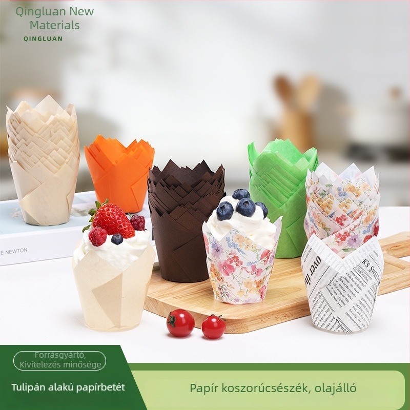 Tulip mintás sütőpapír muffin formák, magas hőállóságú, olajálló papír