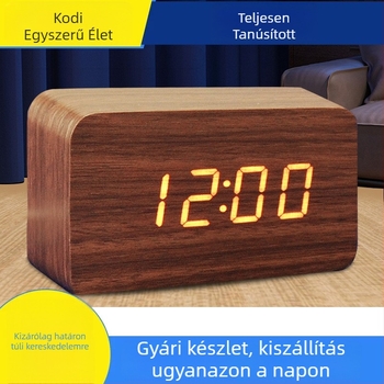 Masszív fa LED elektronikus ébresztőóra, csendes működésű, asztali és éjjeli használatra, multifunkcionális fa óra