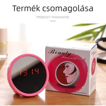LED tükrös ébresztőóra asztali használathoz, naptárral és sminktükörrel, logónyomtatás