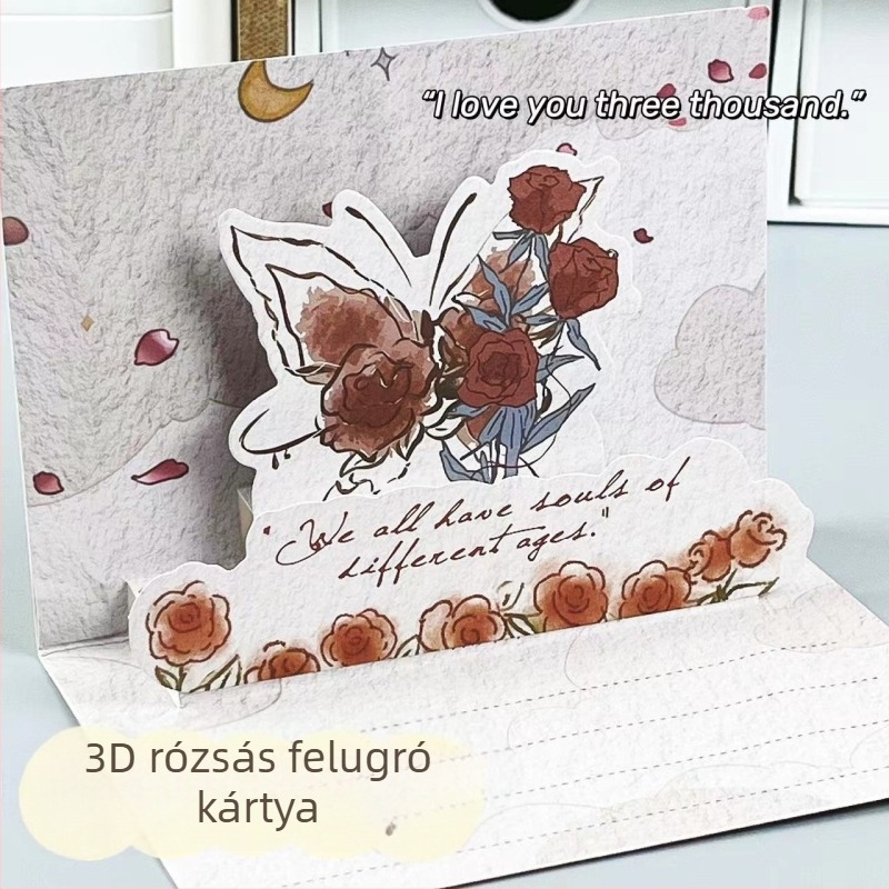 Rózsa és pillangó 3D üdvözlőlap – hajtogatható, egyedi formájú kártya