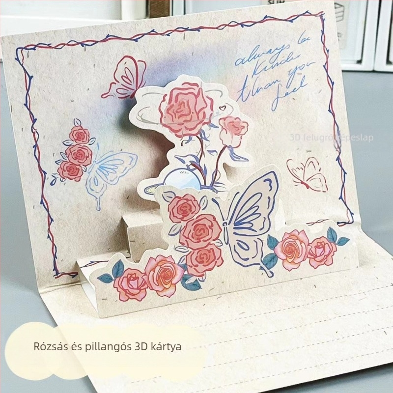 Rózsa és pillangó 3D üdvözlőlap – hajtogatható, egyedi formájú kártya