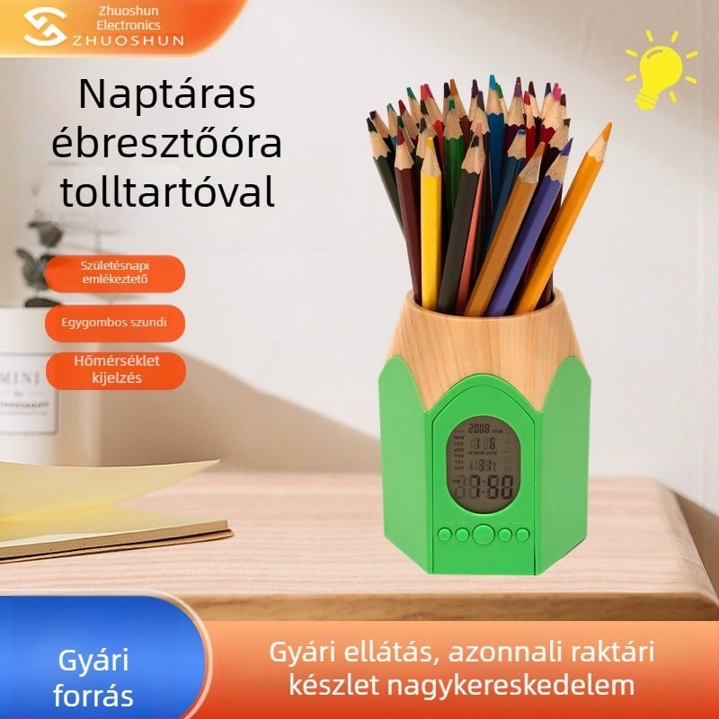 Ceruza alakú multifunktcionális tolltartó ébresztőórával és örök kalendáriummal