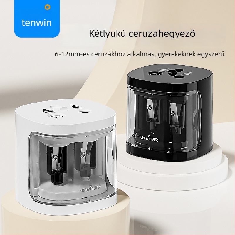 Kétlyukú elektromos ceruzahegyező különböző vastagságú ceruzákhoz, automata, akkumulátoros, modell 8319