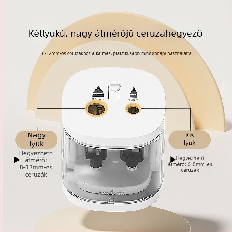Kétlyukú elektromos ceruzahegyező különböző vastagságú ceruzákhoz, automata, akkumulátoros, modell 8319