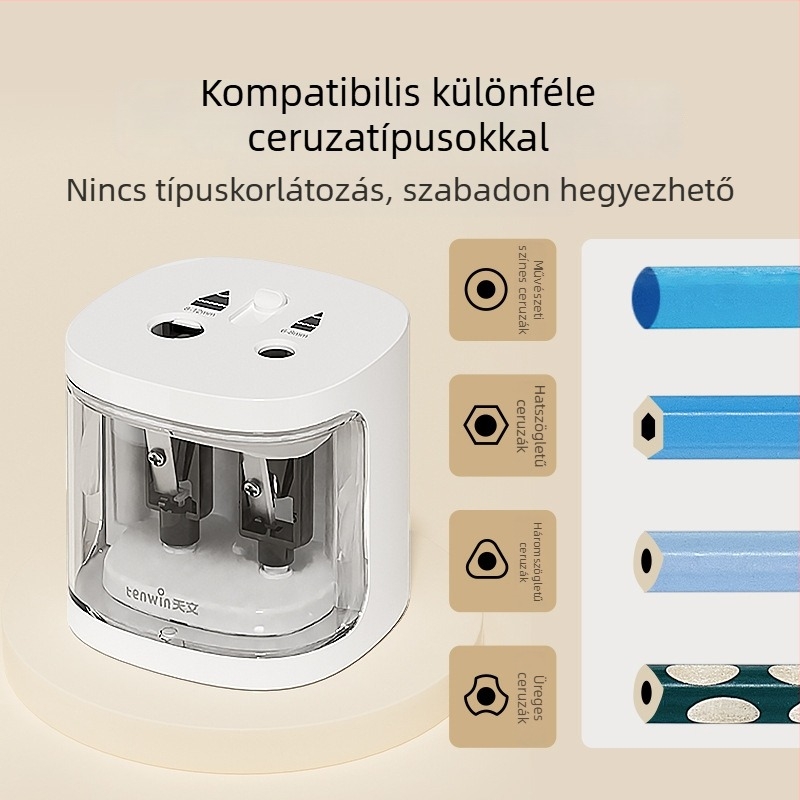 Kétlyukú elektromos ceruzahegyező különböző vastagságú ceruzákhoz, automata, akkumulátoros, modell 8319