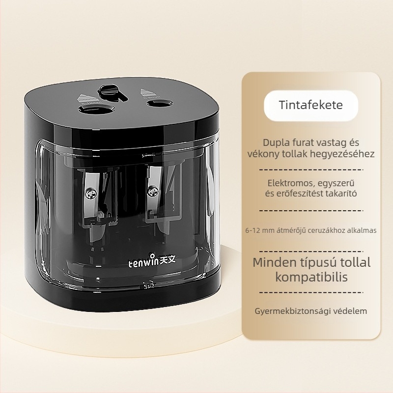 Kétlyukú elektromos ceruzahegyező különböző vastagságú ceruzákhoz, automata, akkumulátoros, modell 8319