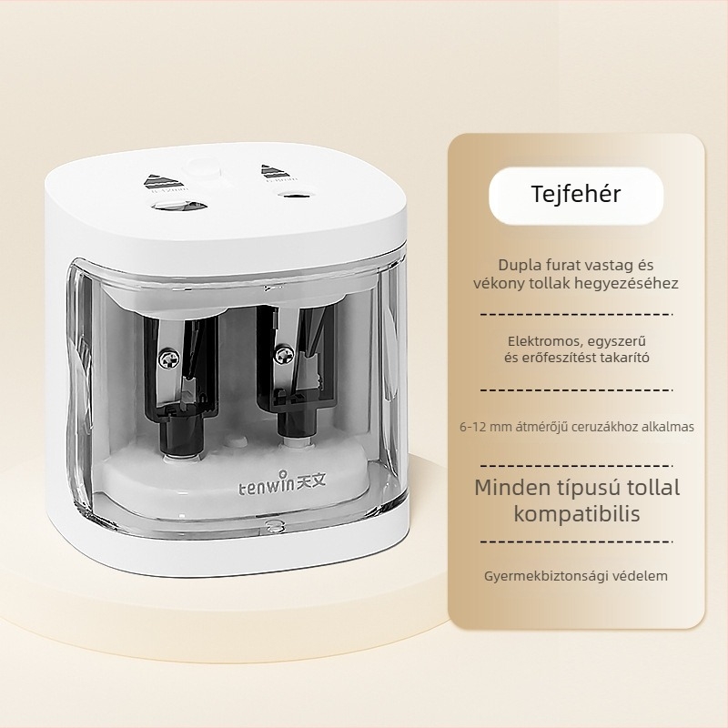 Kétlyukú elektromos ceruzahegyező különböző vastagságú ceruzákhoz, automata, akkumulátoros, modell 8319
