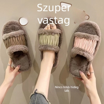 Új PU bőrből készült női papucs nyitott orral, plüss bélés, meleg télre, beltéri és kültéri használatra