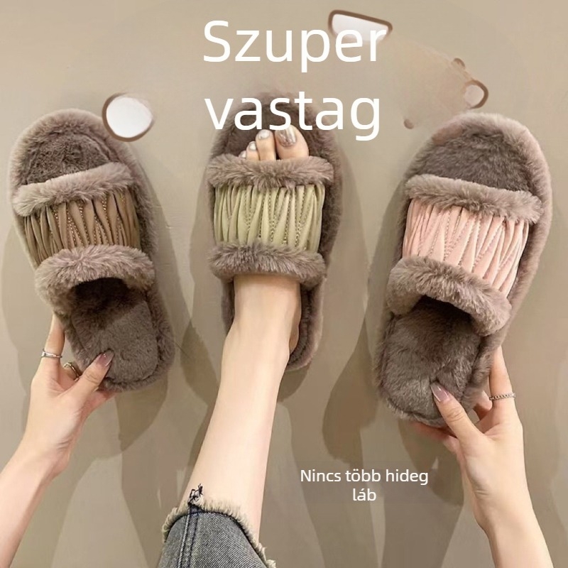 Új PU bőrből készült női papucs nyitott orral, plüss bélés, meleg télre, beltéri és kültéri használatra