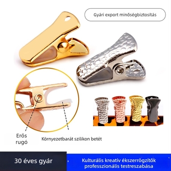 Arany színű fém csipeszek készlete: kis csipesz, hosszú farkú csipesz gumírozott burkolattal, lapos szájú csipesz, fotócsipesz, mintás csipesz, kacsa-szájú csipesz