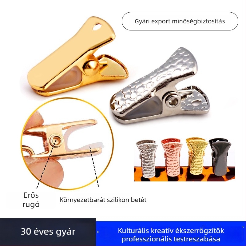 Arany színű fém csipeszek készlete: kis csipesz, hosszú farkú csipesz gumírozott burkolattal, lapos szájú csipesz, fotócsipesz, mintás csipesz, kacsa-szájú csipesz