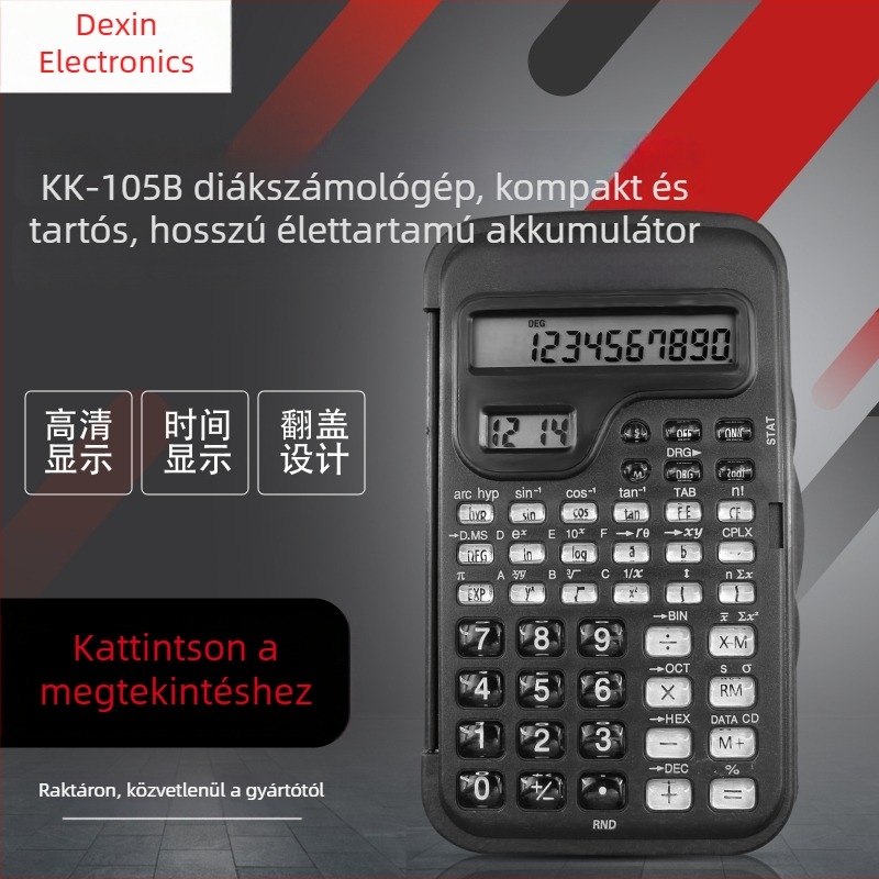 KK105B kétkijelzős tudományos számológép idő kijelzővel és átlátszó gombokkal - ideális diákoknak és vizsgákhoz