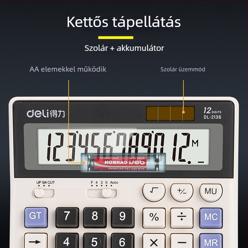 Deli 2136 napelemes számológép, 12 számjegyű kijelző, irodai számológép kettős energiaellátással