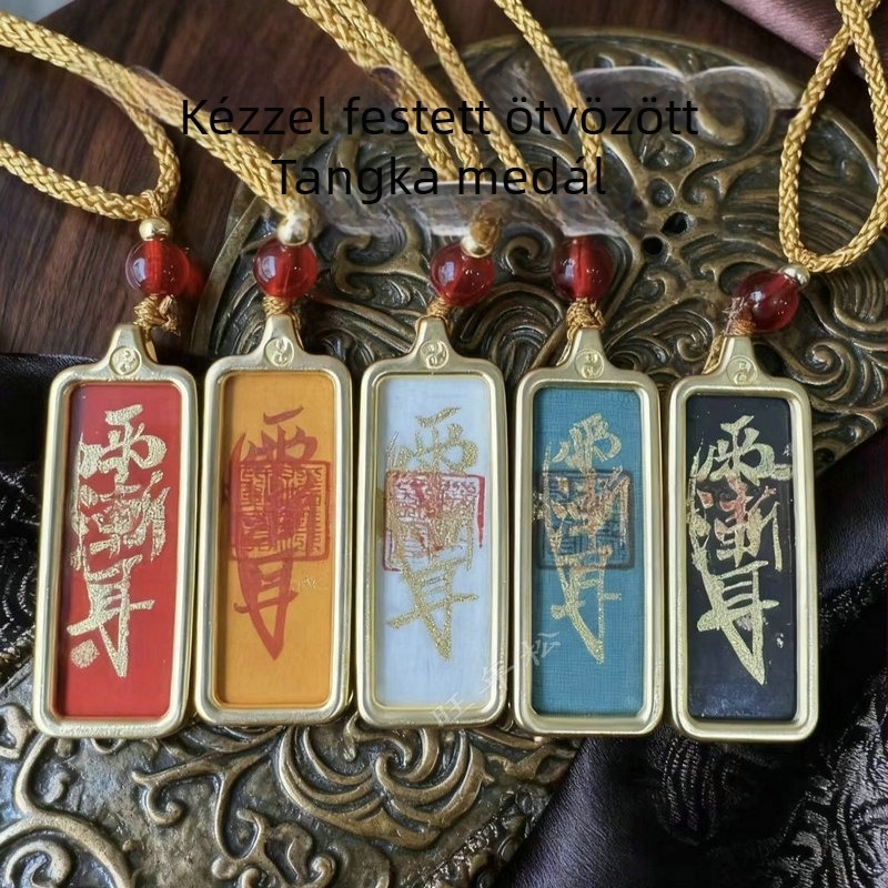 Ziwei mantra Thangka medál, kézzel festett, ötvözet, 1×3 cm, Öt elem harmóniája