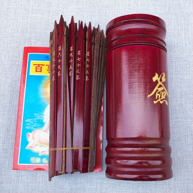 Bambusz jósló hordó 100 jellel, Guanyin, I Ching 64 hexagrammal, gravírozott bambuszból, magyarázó könyvvel