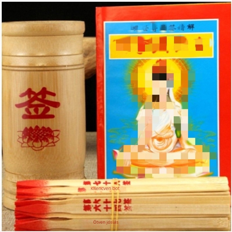 Bambusz jósló hordó 100 jellel, Guanyin, I Ching 64 hexagrammal, gravírozott bambuszból, magyarázó könyvvel