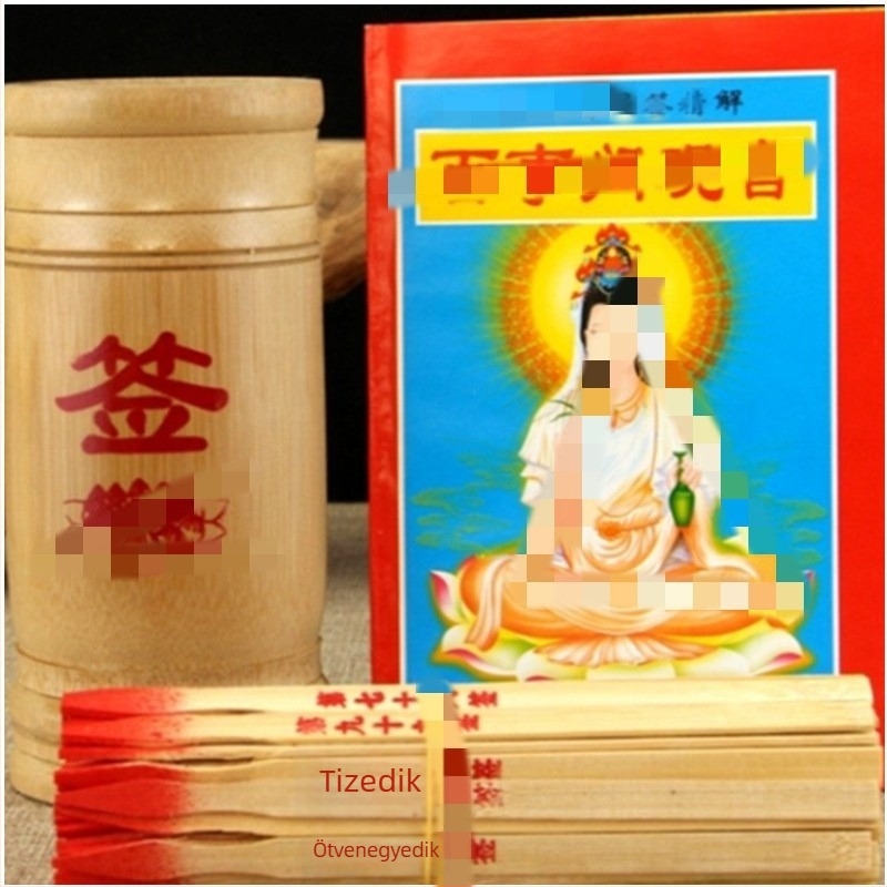 Bambusz jósló hordó 100 jellel, Guanyin, I Ching 64 hexagrammal, gravírozott bambuszból, magyarázó könyvvel