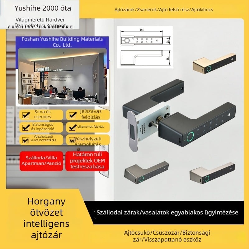 Intelligens zár ujjlenyomat és elektronikus jelszóval belső fa ajtókhoz (hálószoba/iroda), kulccsal nyitható.