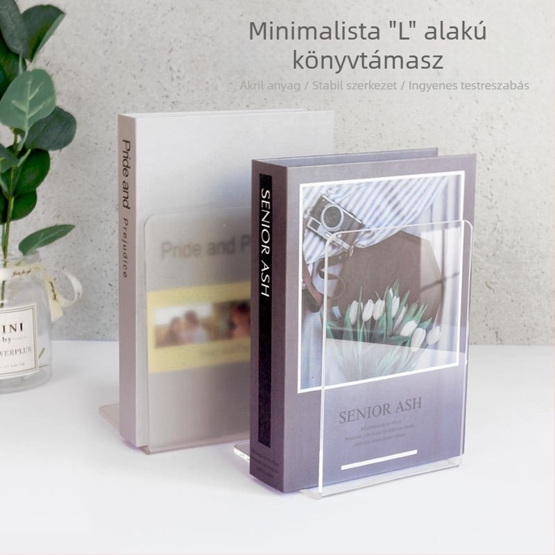 Akril L-formájú, átlátszó könyvállvány minimalist elválasztóval és kapcsos szervezővel